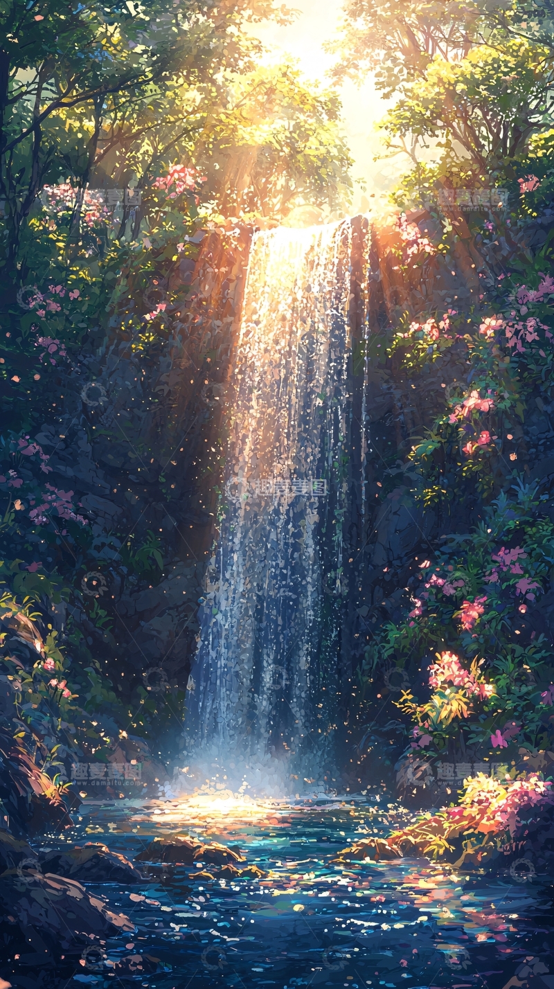 高清大图下载【趣麦麦图】阳光森林瀑布