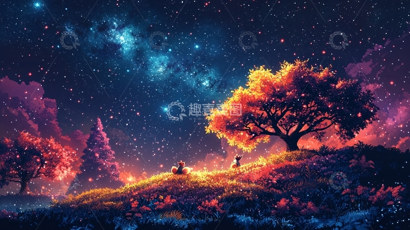 高清大图下载【趣麦麦图】星空下的树与人