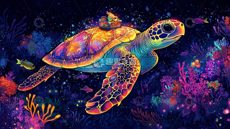 高清大图下载【趣麦麦图】色彩斑斓的海龟畅游深海