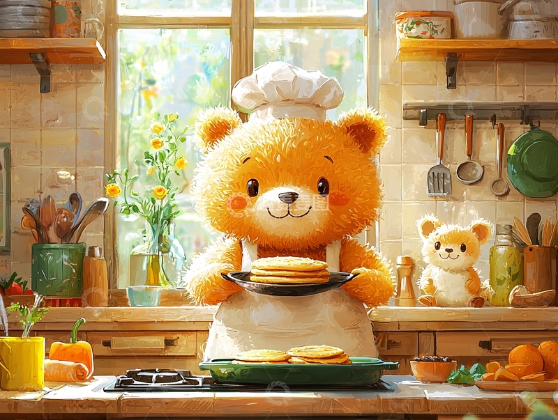 高清大图下载【趣麦麦图】小熊厨师做煎饼