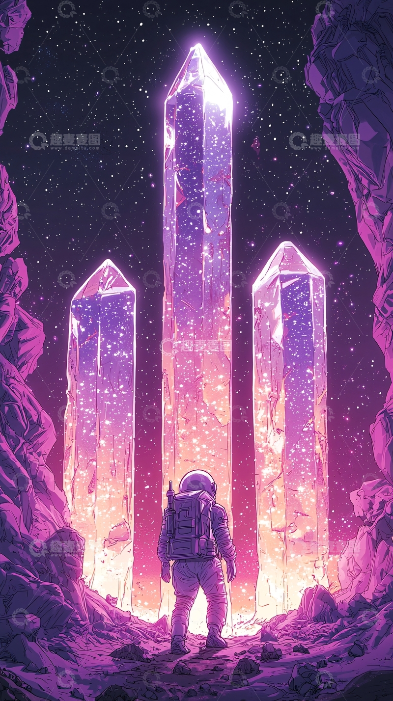 高清大图下载【趣麦麦图】太空探险家面对巨大水晶