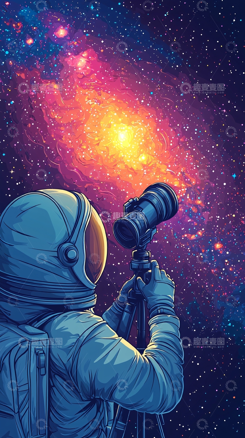 高清大图下载【趣麦麦图】宇航员用望远镜看星空
