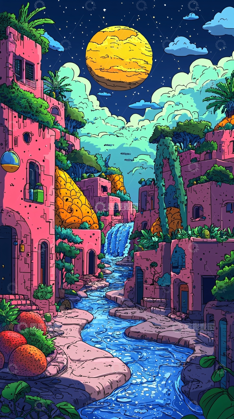 高清大图下载【趣麦麦图】粉色小镇夜景