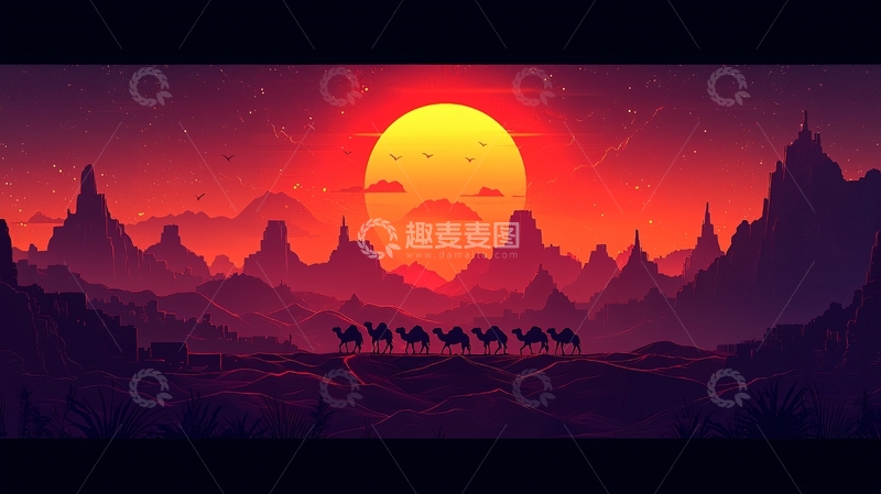 高清大图下载【趣麦麦图】沙漠骆驼队日落剪影