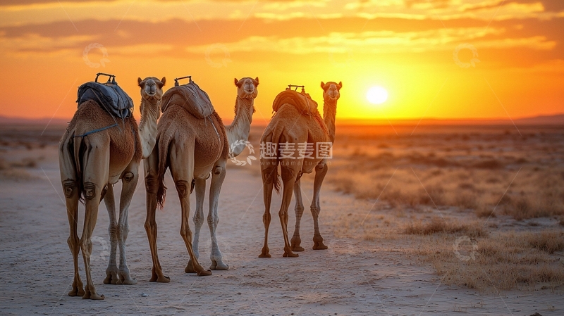 高清大图下载【趣麦麦图】沙漠落日驼队