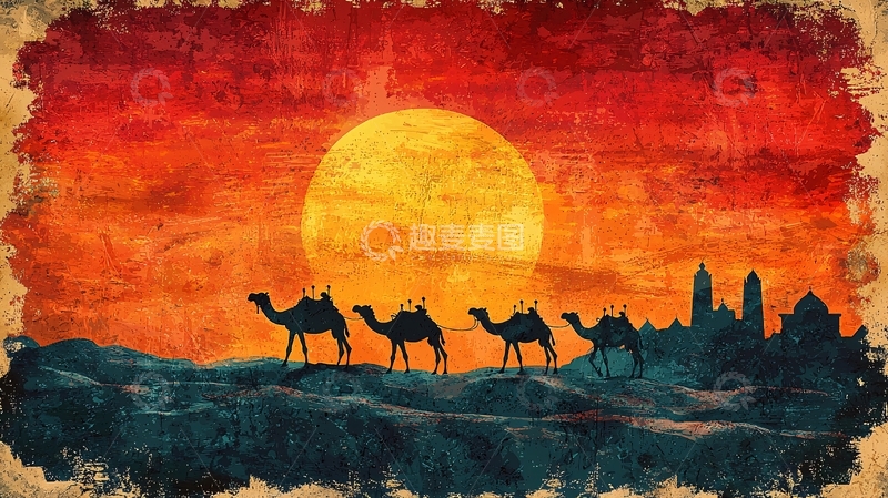 高清大图下载【趣麦麦图】沙漠骆驼队剪影夕阳