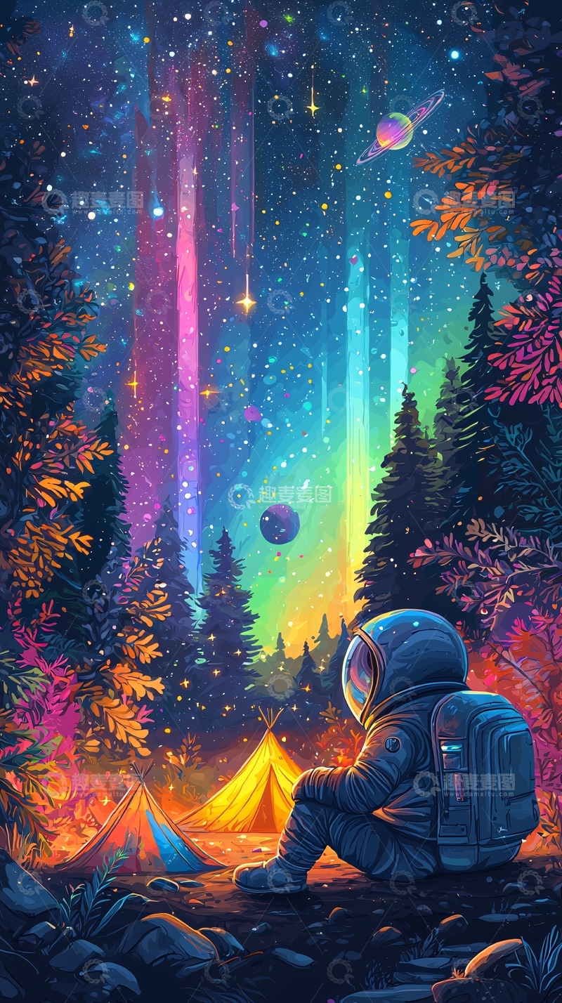 高清大图下载【趣麦麦图】太空宇航员森林露营