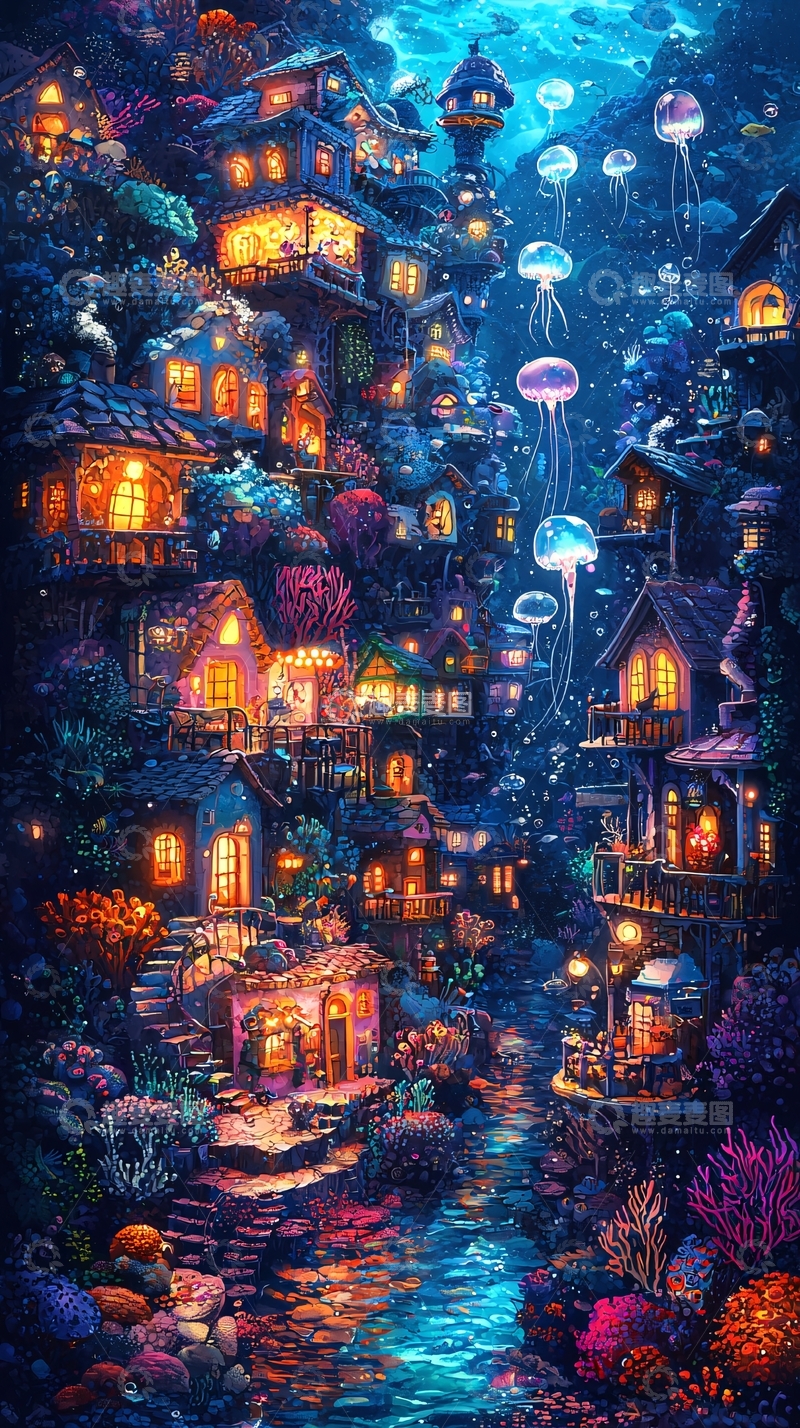 高清大图下载【趣麦麦图】水下奇幻村庄