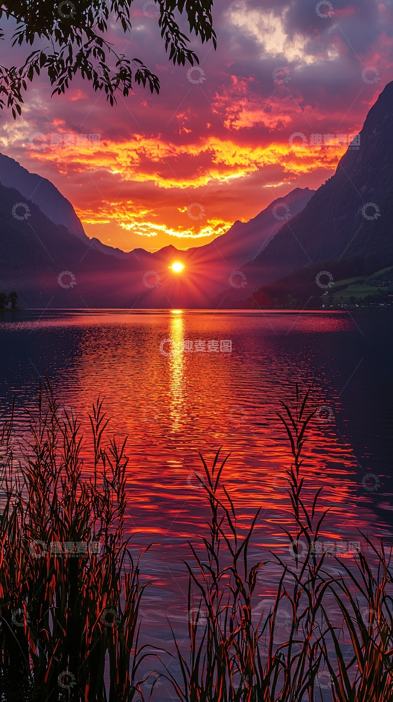 高清大图下载【趣麦麦图】火焰般绚丽的湖边日落