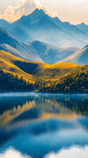 宁静湖面反射山峦