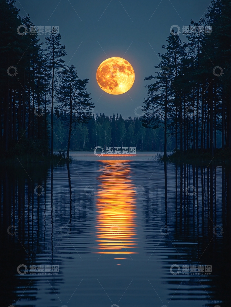 高清大图下载【趣麦麦图】湖面明月倒影夜景