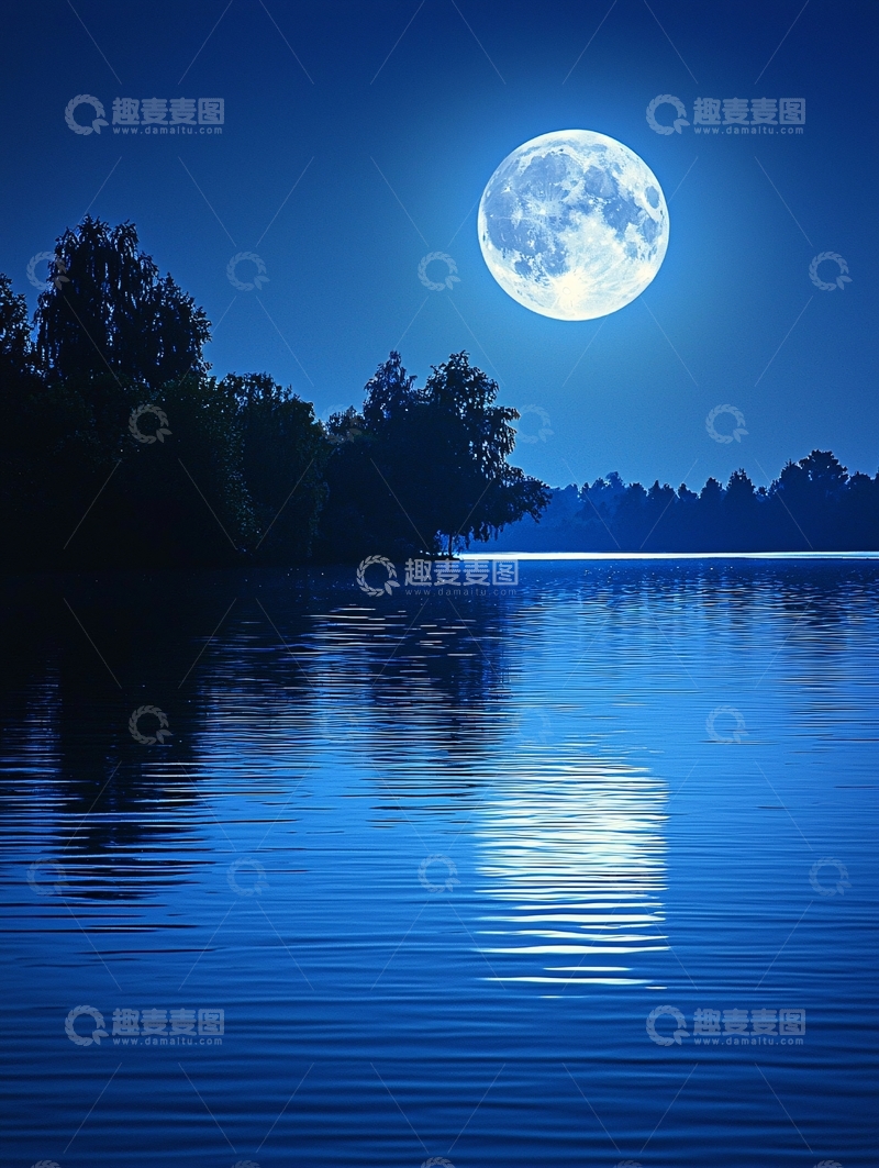 高清大图下载【趣麦麦图】宁静湖面上的皎洁月光