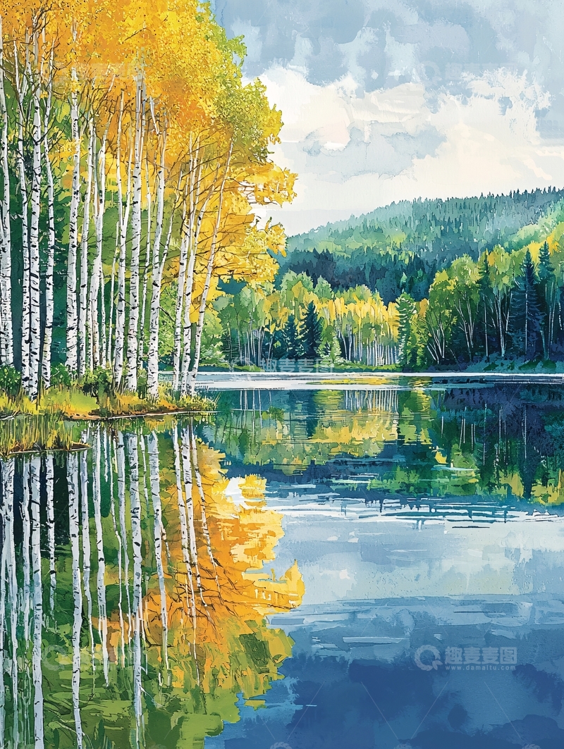 高清大图下载【趣麦麦图】白桦林倒影在宁静湖面