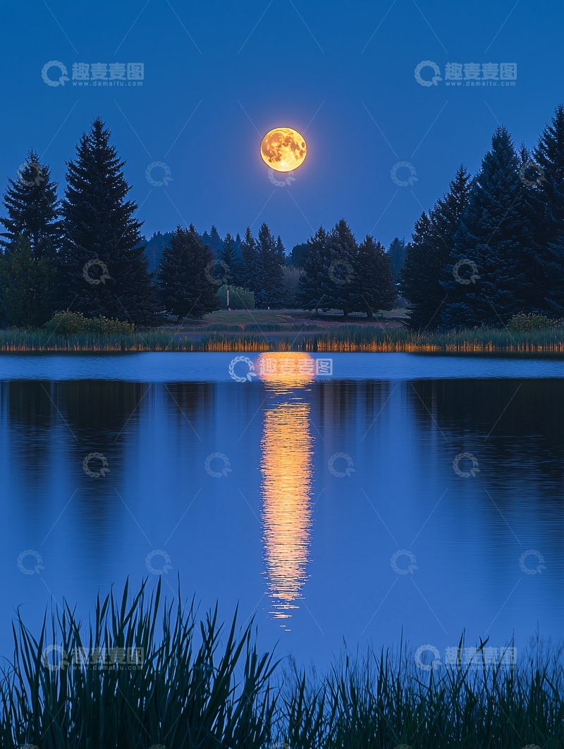 高清大图下载【趣麦麦图】满月倒影湖面景色