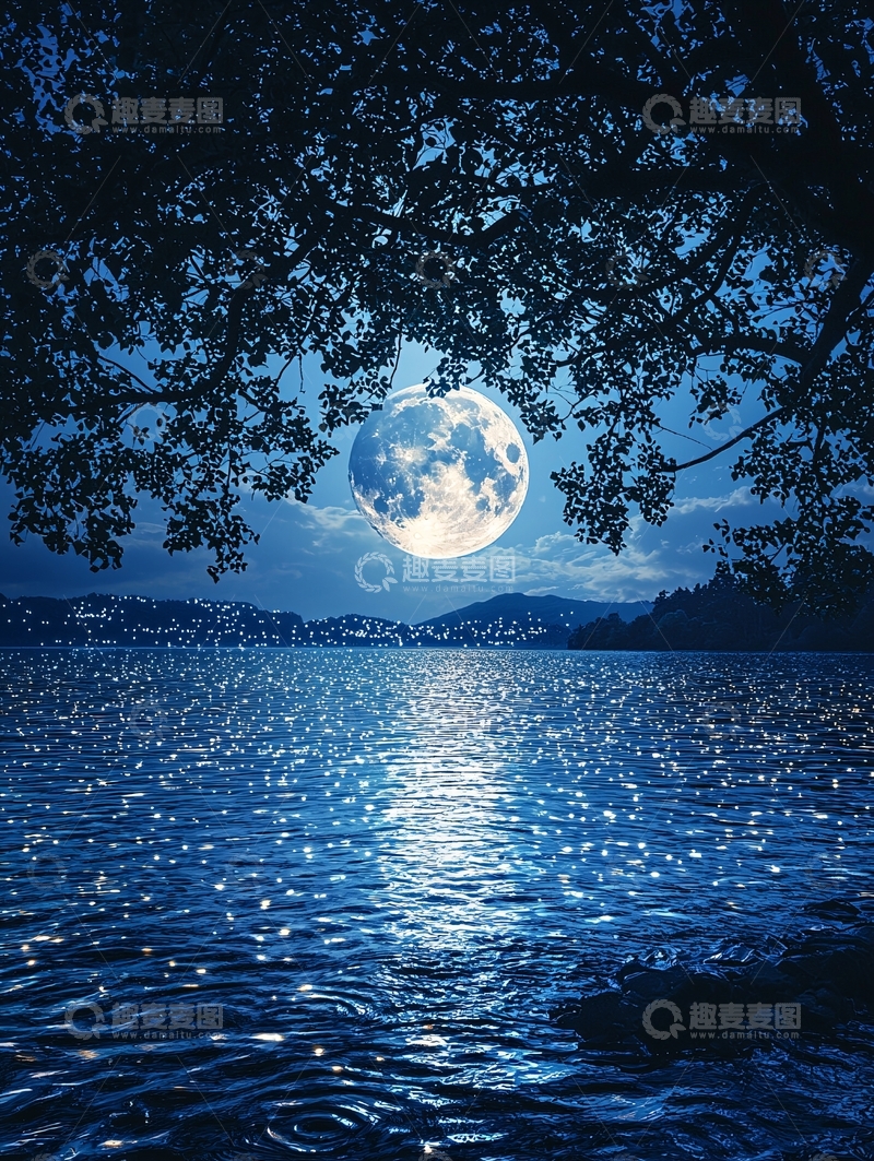 高清大图下载【趣麦麦图】湖面明月树影倒映