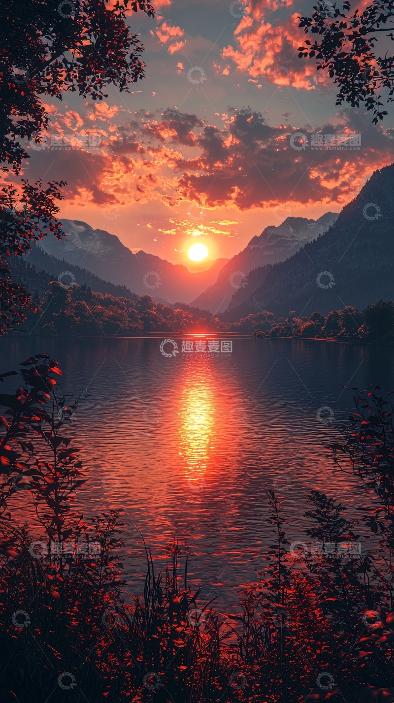 高清大图下载【趣麦麦图】夕阳西下湖光山色