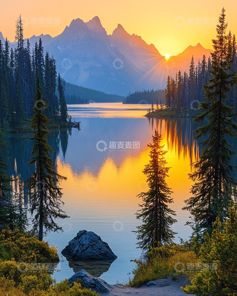 高清大图下载【趣麦麦图】湖光山色下的日落美景