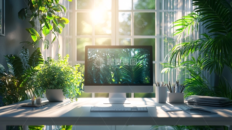 高清大图下载【趣麦麦图】阳光洒进绿意盎然的办公桌