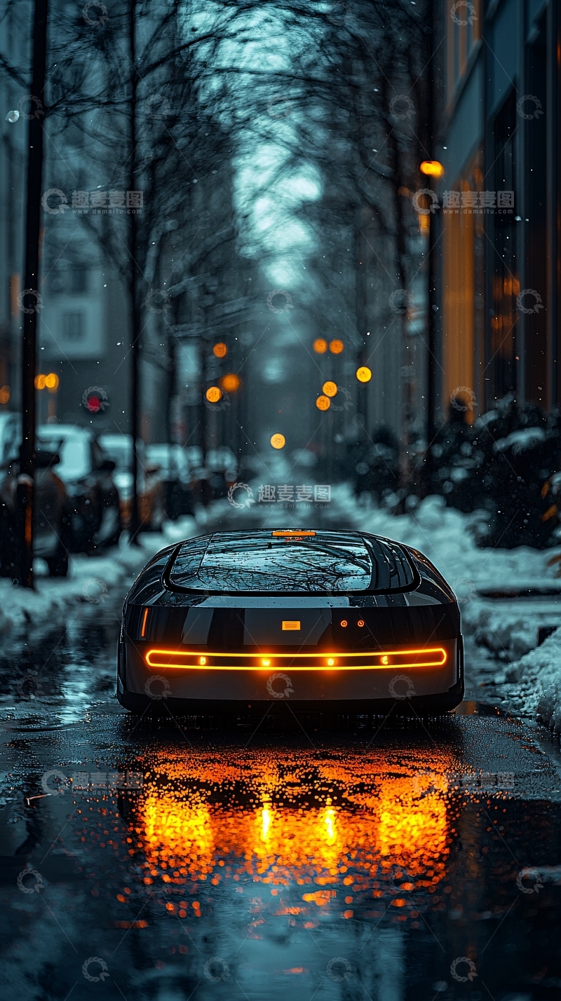 高清大图下载【趣麦麦图】雪夜街道上的未来汽车