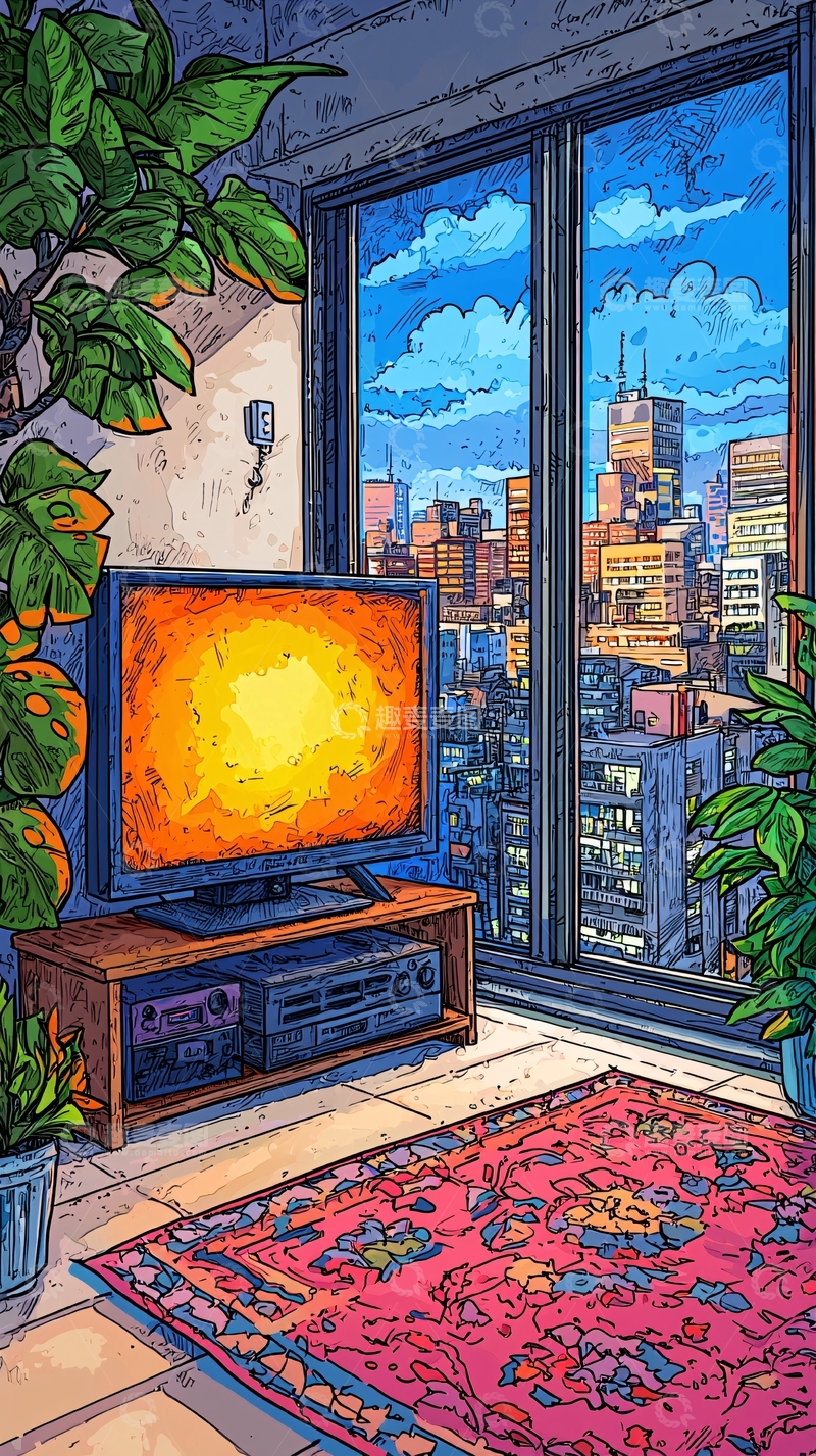 高清大图下载【趣麦麦图】室内电视窗外城市