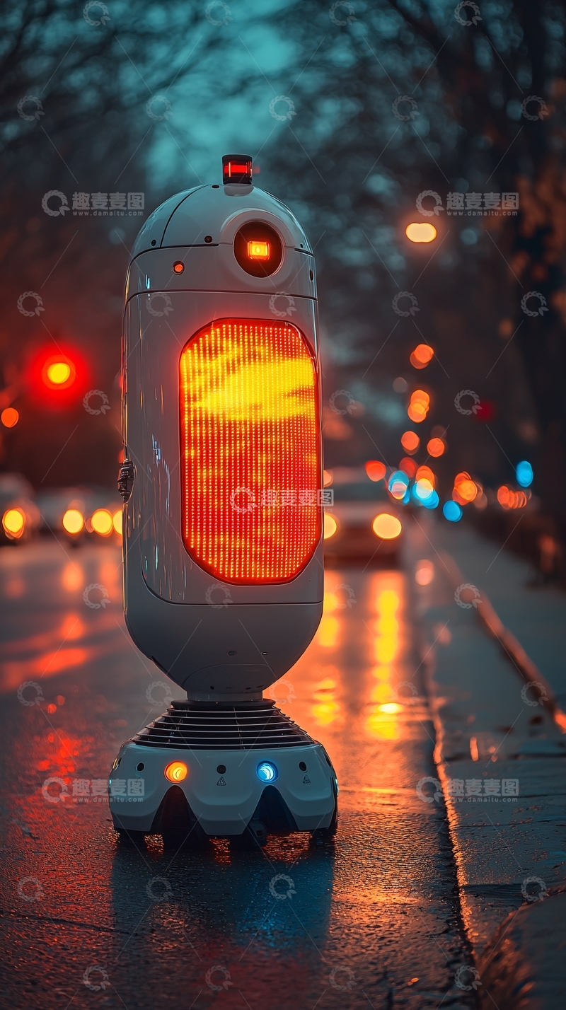 高清大图下载【趣麦麦图】夜晚街道上的小机器人