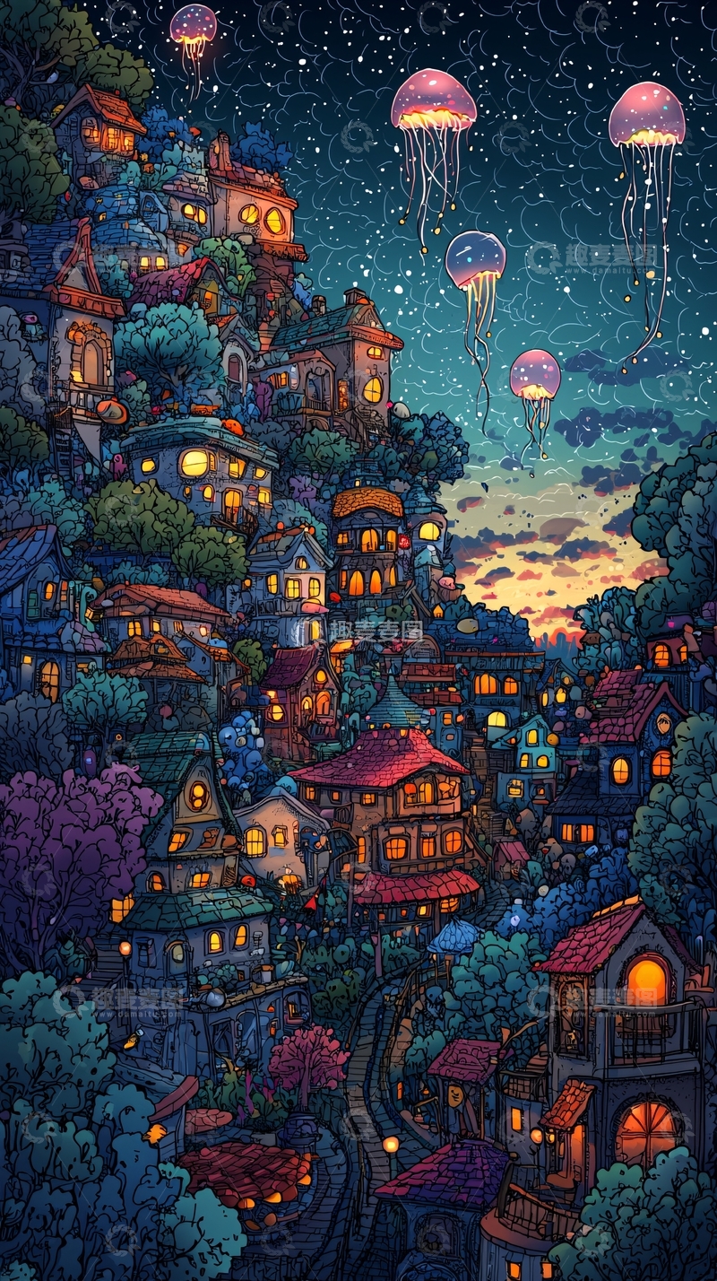 高清大图下载【趣麦麦图】童话小镇夜景星空水母