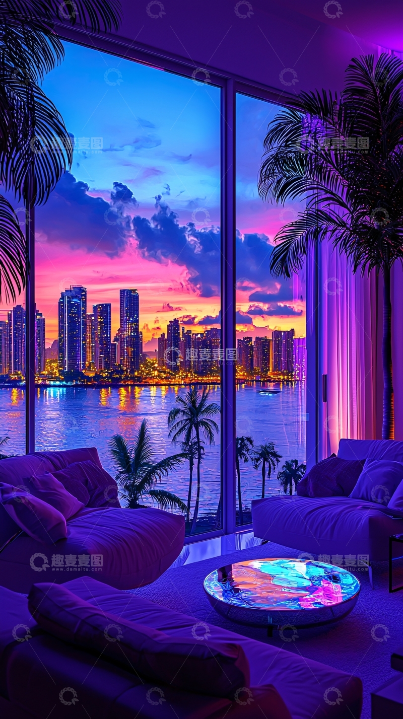 高清大图下载【趣麦麦图】紫色调城市夜景室内