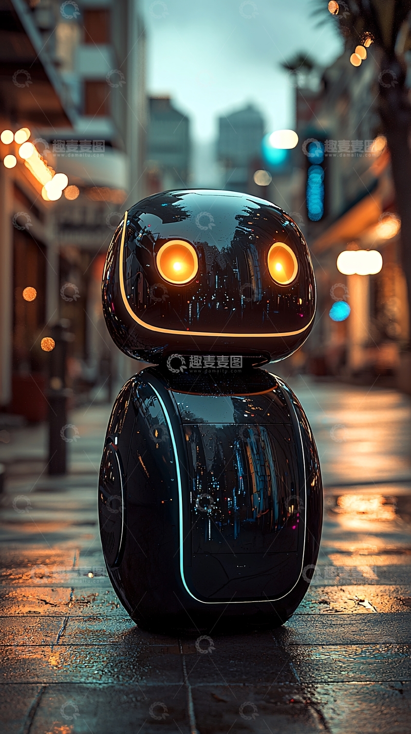 高清大图下载【趣麦麦图】夜晚街道上的黑色小机器人
