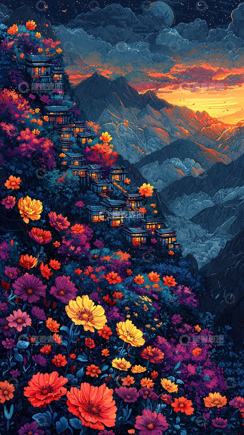 高清大图下载【趣麦麦图】山顶花海小镇夜景