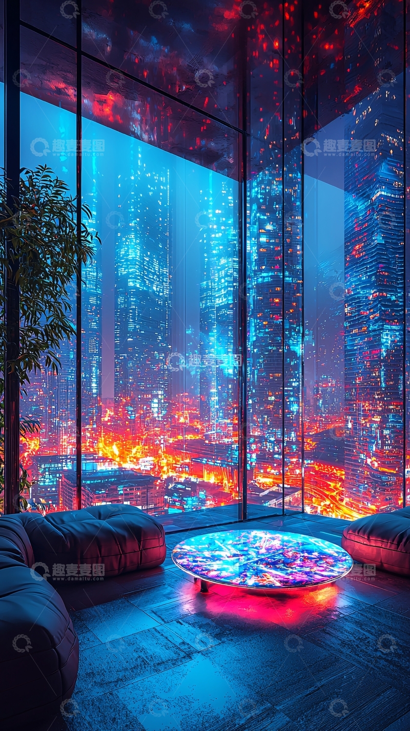 高清大图下载【趣麦麦图】城市夜景玻璃窗室内