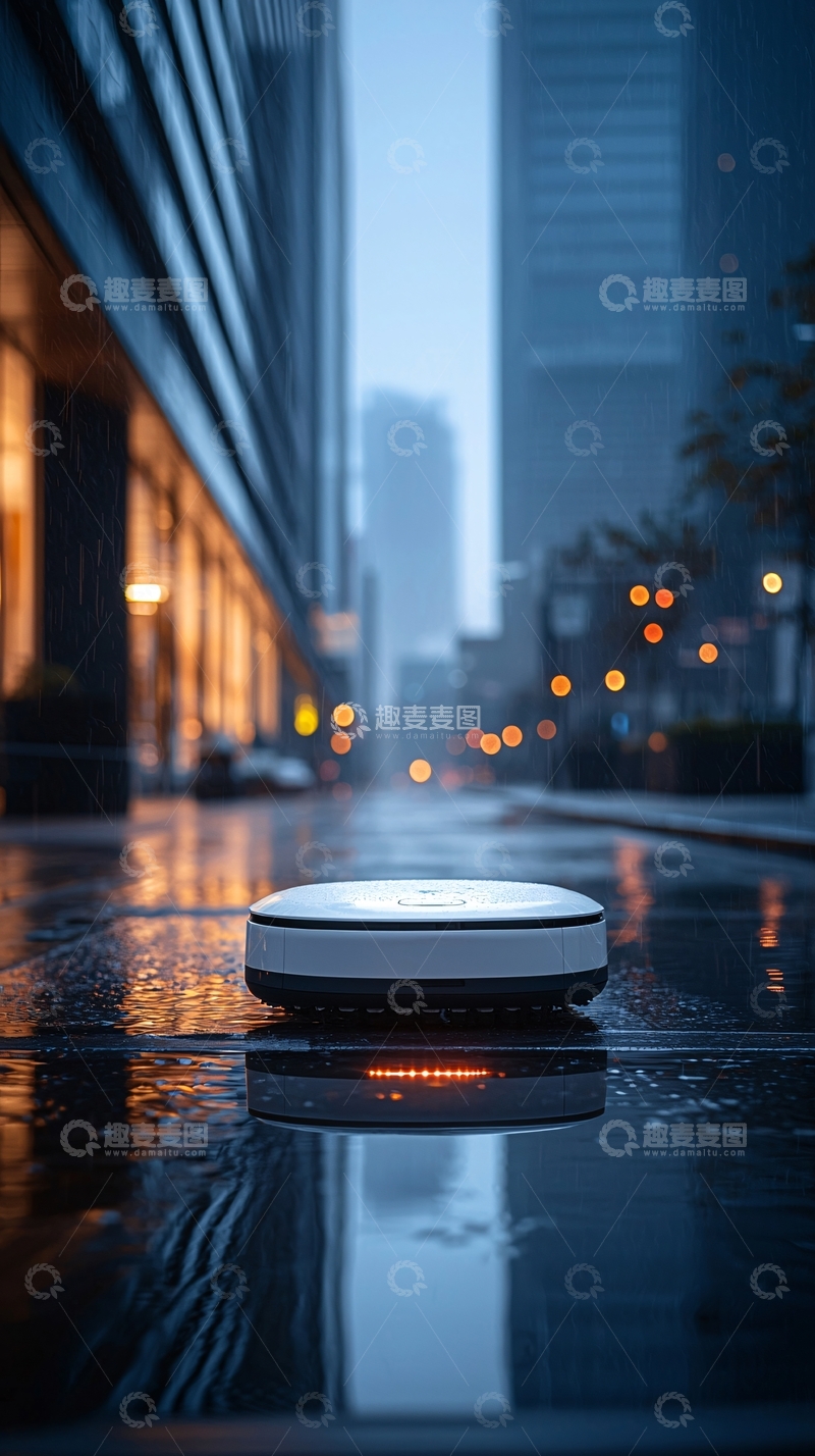 高清大图下载【趣麦麦图】雨夜城市街道小型机器人