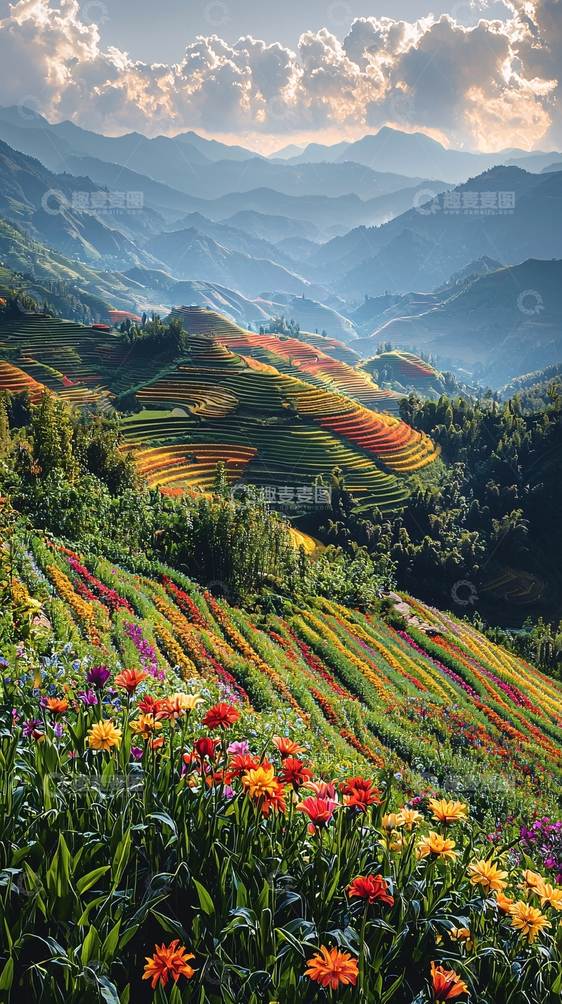 高清大图下载【趣麦麦图】梯田山景鲜花