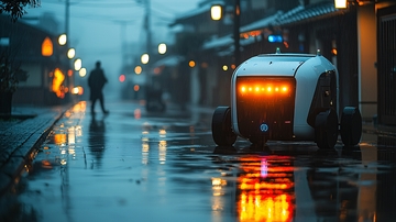 雨夜街道上的自动驾驶机器人