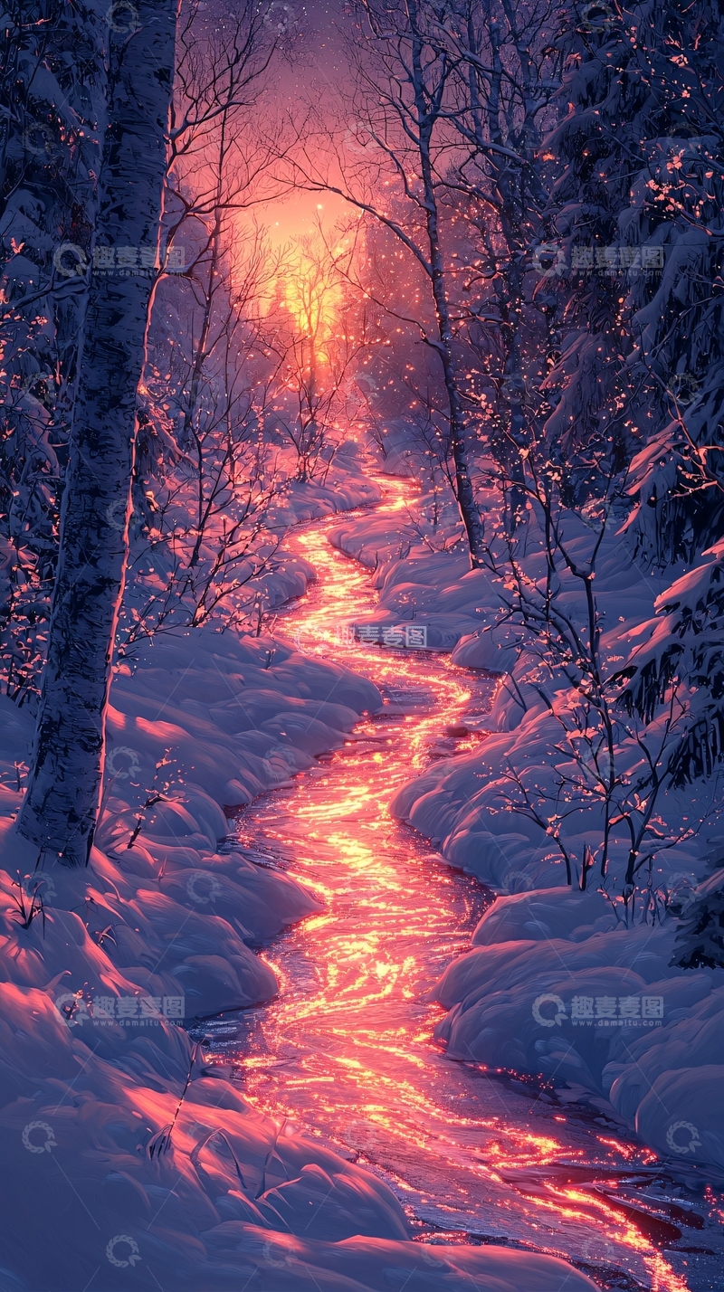 高清大图下载【趣麦麦图】冬日雪景小溪夕阳