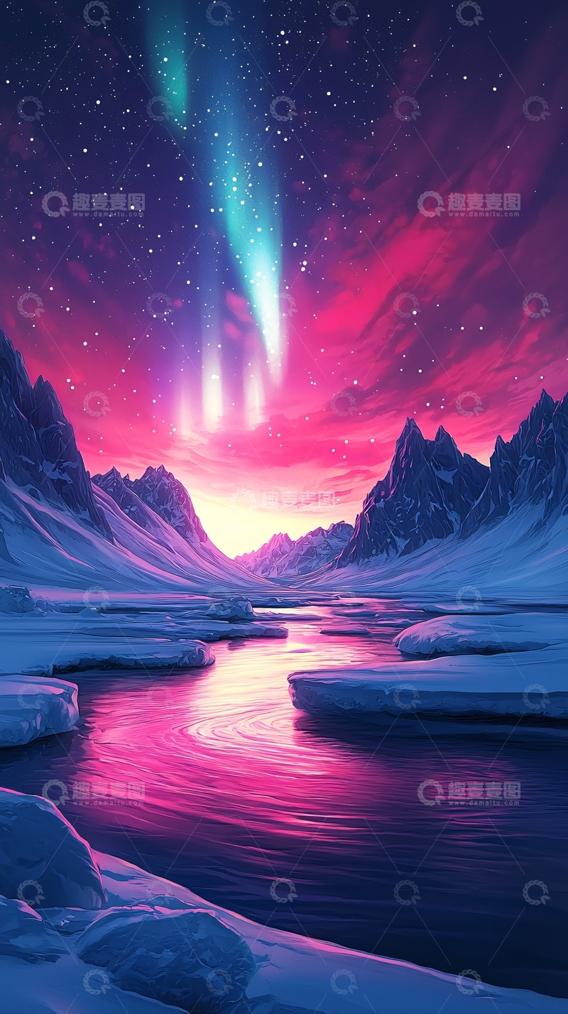 高清大图下载【趣麦麦图】极光下的冰雪山河夜景