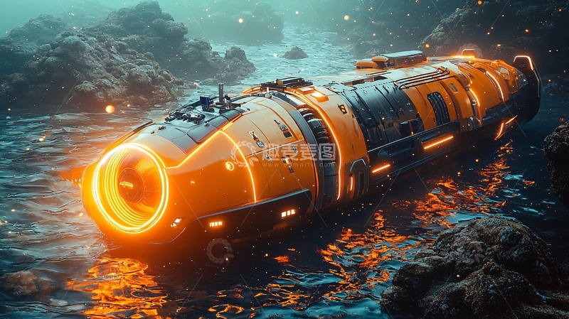 高清大图下载【趣麦麦图】深海橙色未来科技潜艇