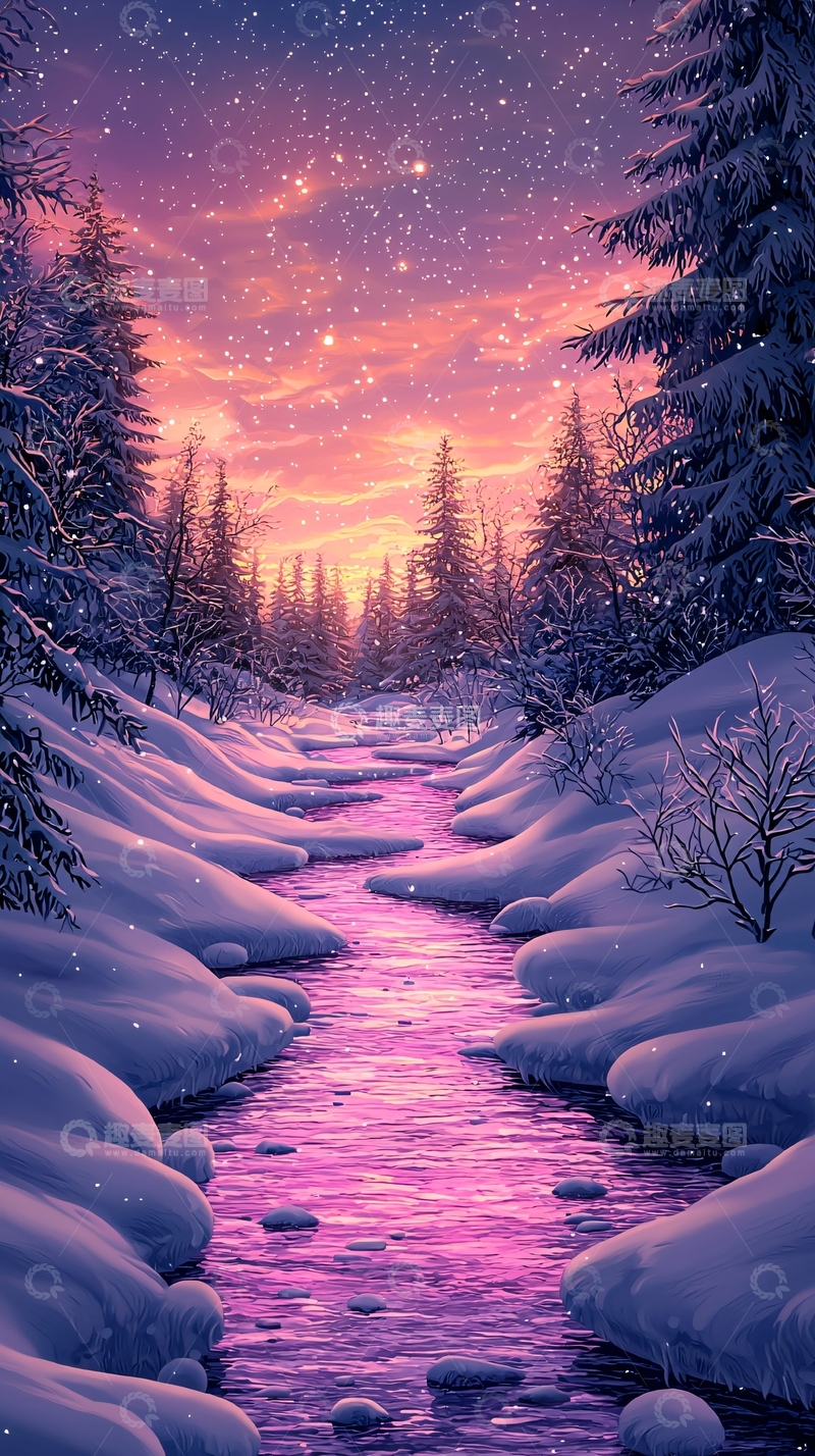 高清大图下载【趣麦麦图】冬日雪景粉色天空小河