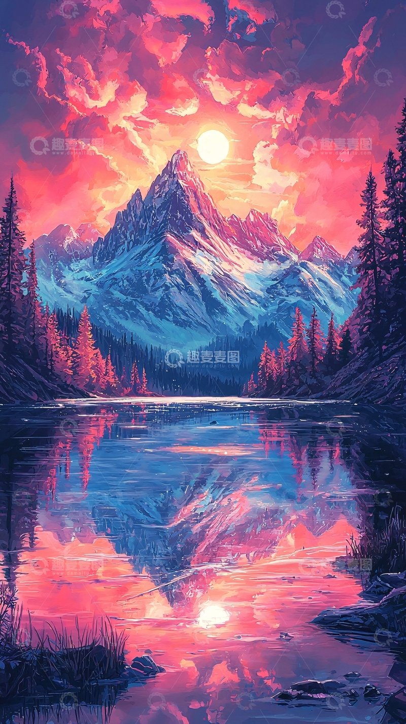 高清大图下载【趣麦麦图】水面映衬的日落山峰