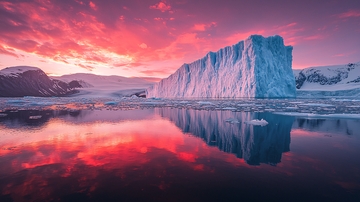 冰川在霞光中倒映水面