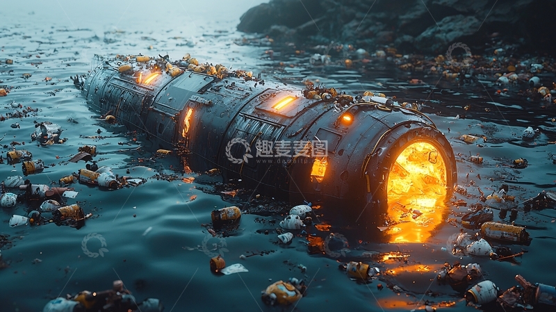 高清大图下载【趣麦麦图】海滩上燃烧的金属管道