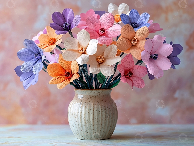 高清大图下载【趣麦麦图】彩色纸花在米色花瓶中