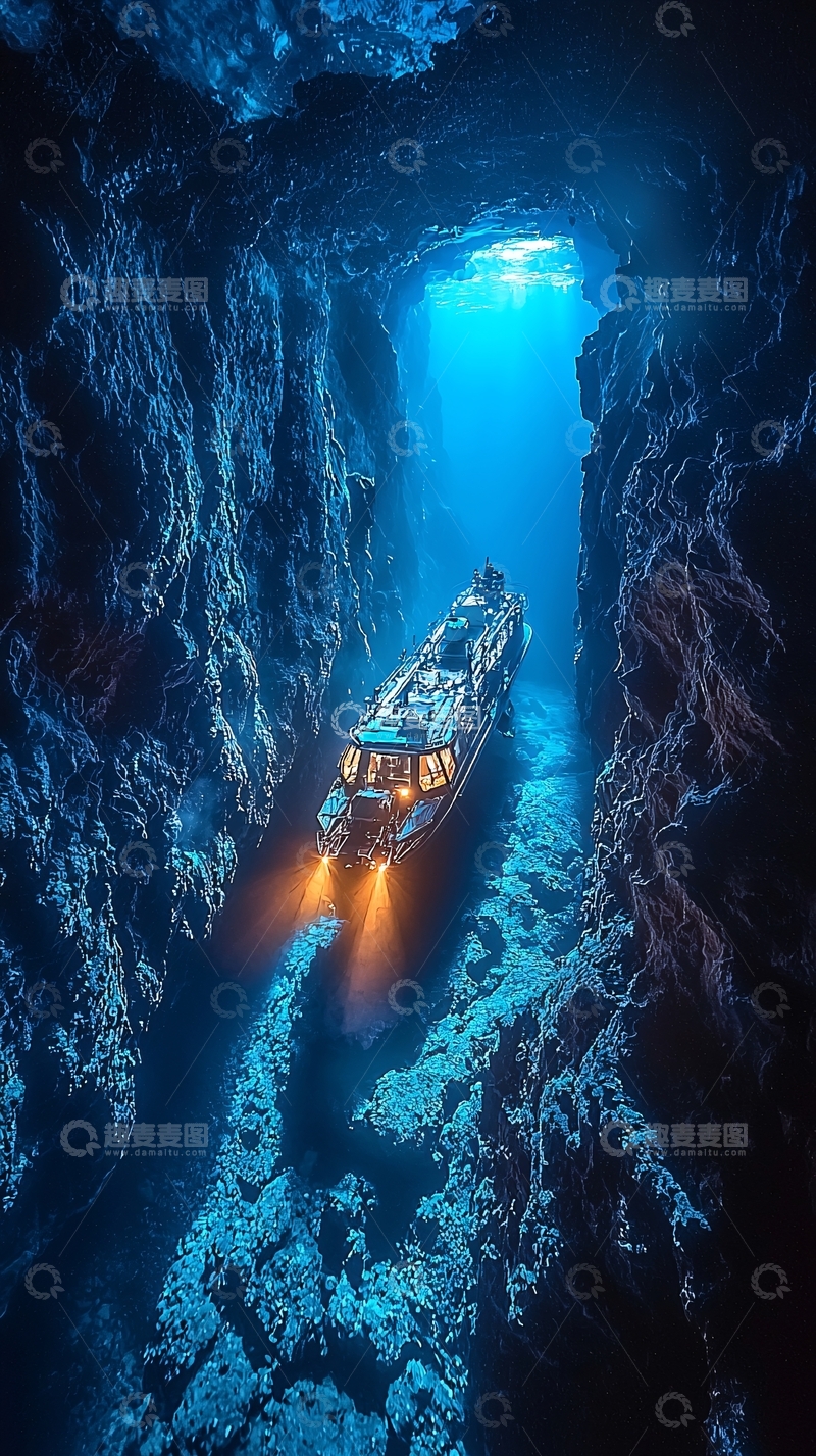 高清大图下载【趣麦麦图】深海探险潜艇航行峡谷