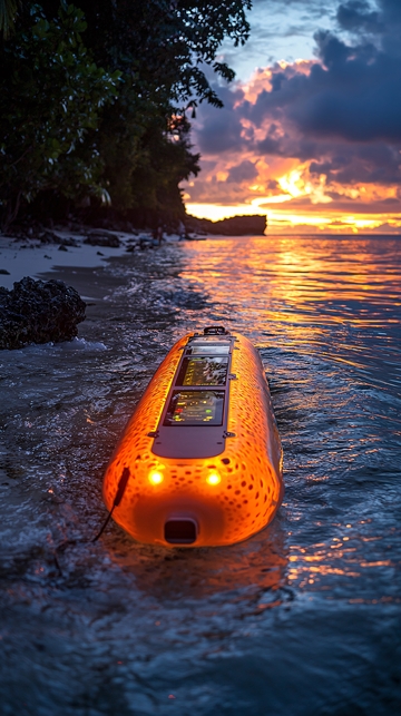 海边日落下的橙色水下机器人
