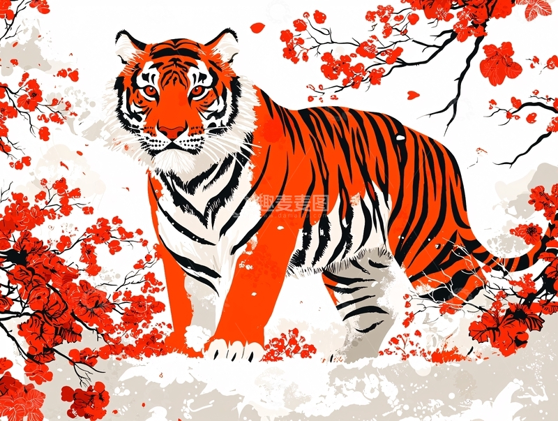高清大图下载【趣麦麦图】老虎与梅花树的插画