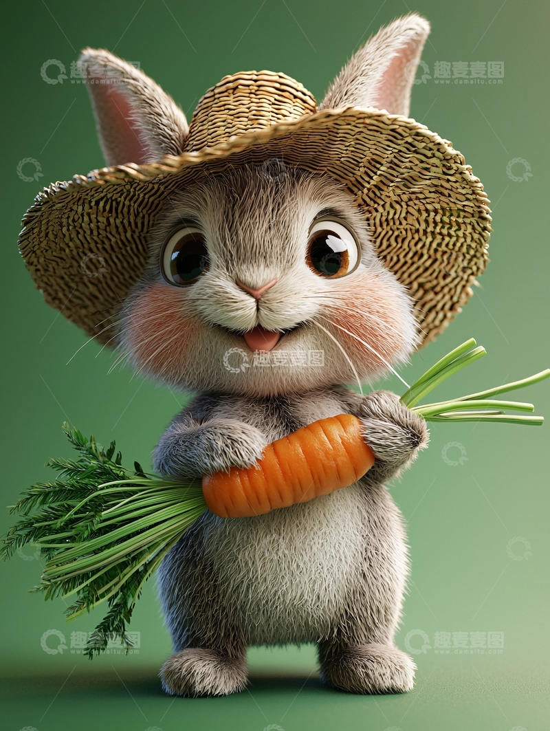 高清大图下载【趣麦麦图】戴草帽的小兔子抱着胡萝卜