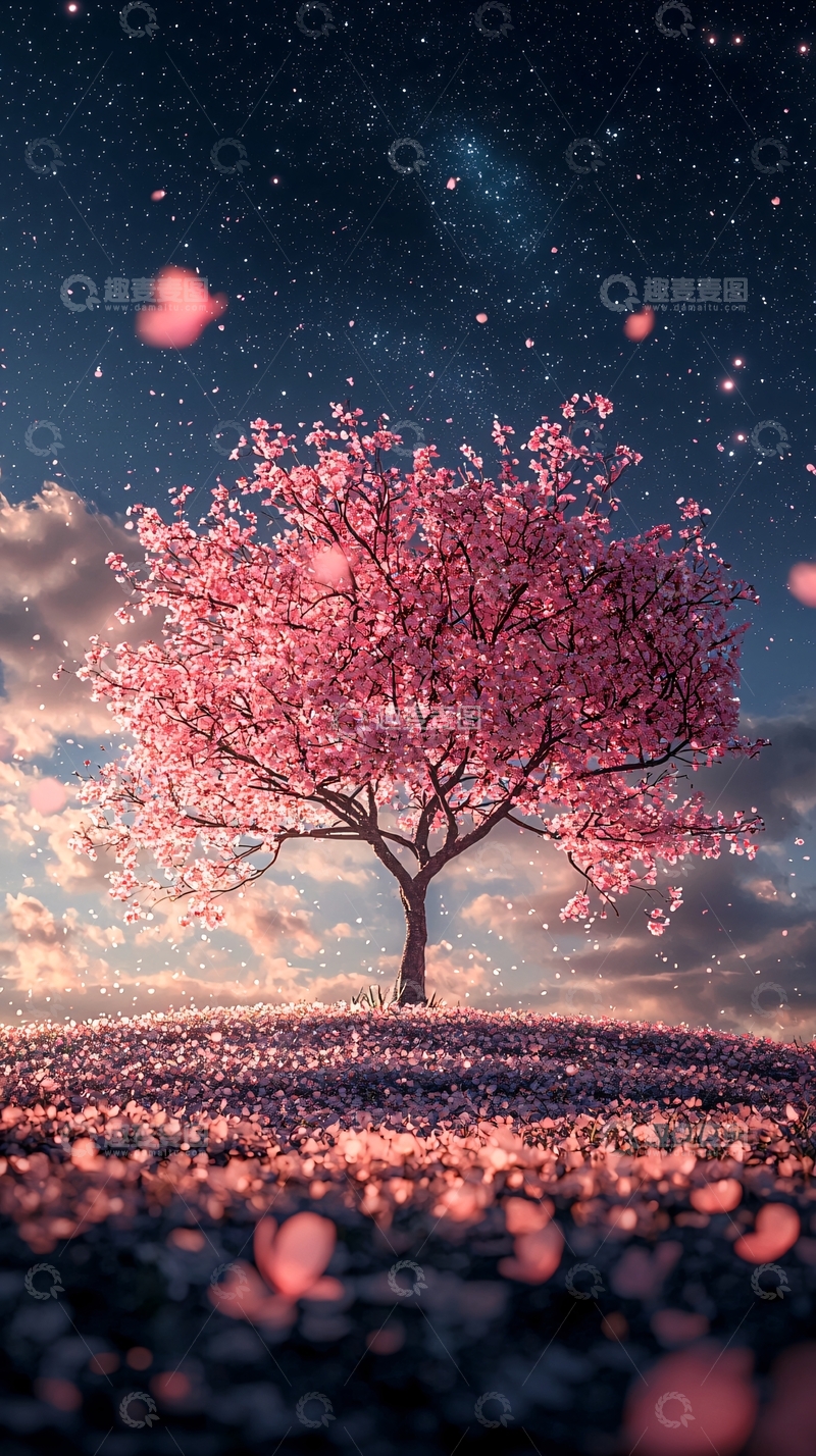 高清大图下载【趣麦麦图】星空下的粉红樱花树