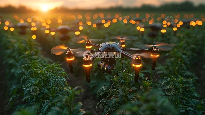 高清大图下载【趣麦麦图】日落田野无人机群飞