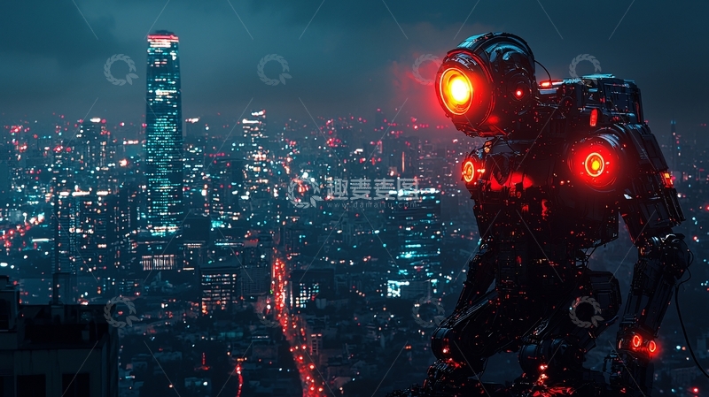 高清大图下载【趣麦麦图】未来都市机器人夜景
