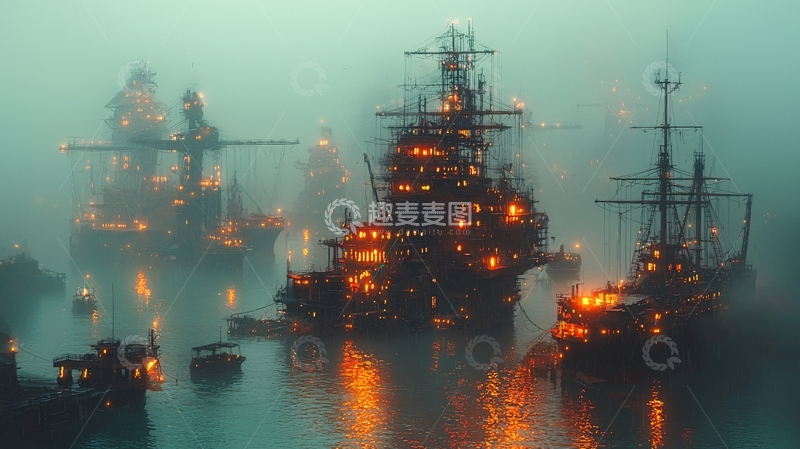 高清大图下载【趣麦麦图】雾中灯火辉煌的蒸汽朋克船队
