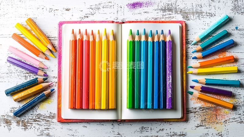 高清大图下载【趣麦麦图】彩色铅笔在打开的书上